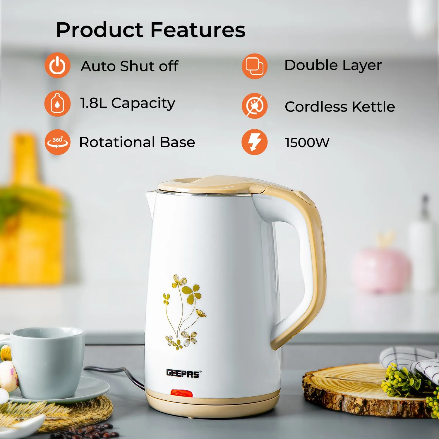 1.8L Beige Flower Patterned Electric Kettle