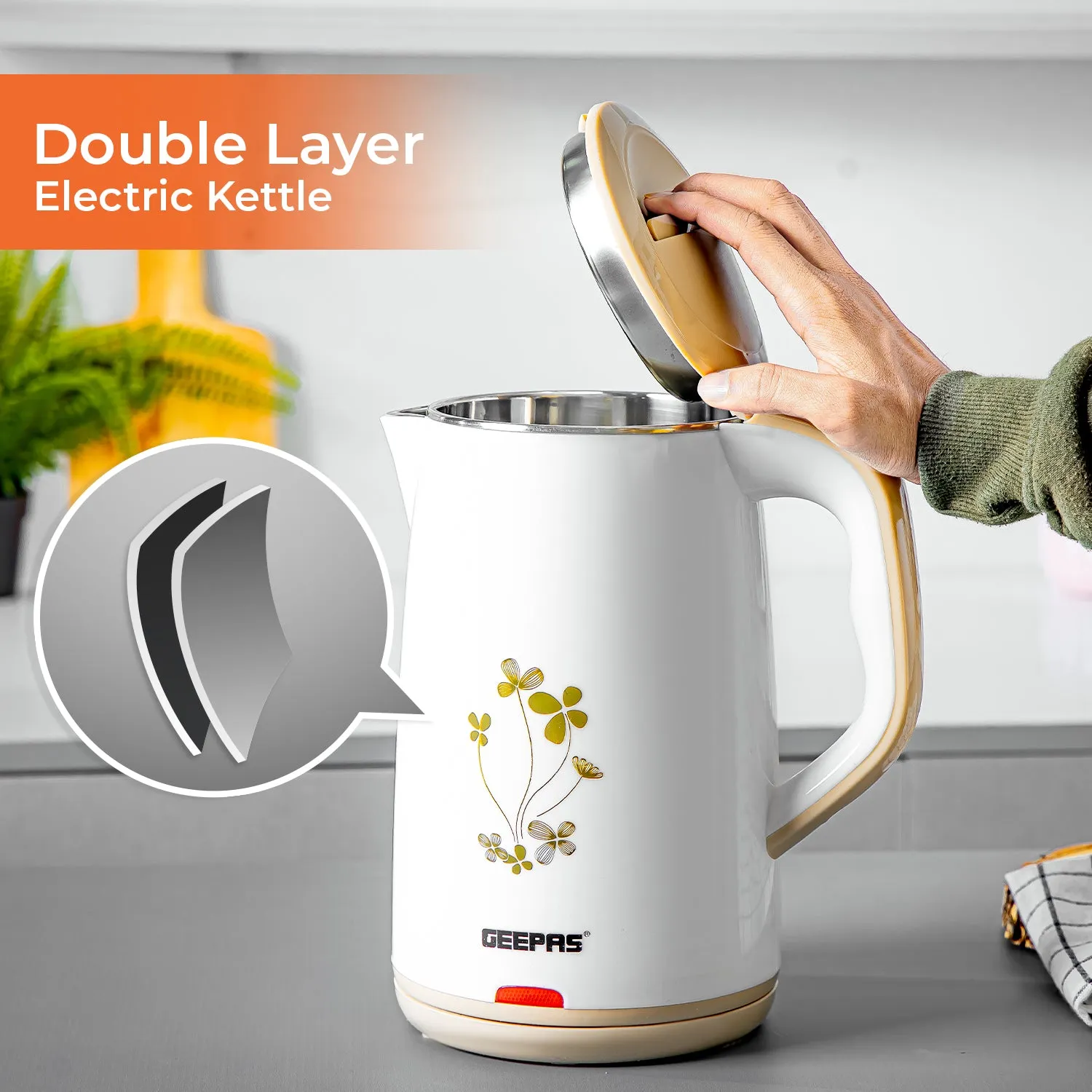 1.8L Beige Flower Patterned Electric Kettle