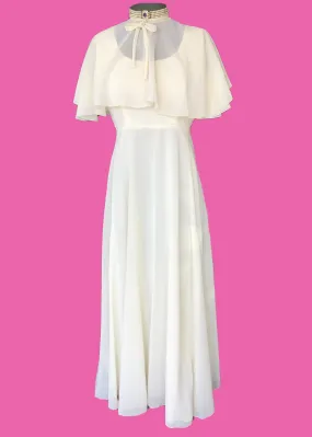 1970s Vintage Cream Chiffon Evening Dress with Cape • John Charles