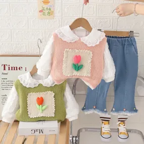 2024 Spring Autumn Toddler Girls 3PCS Clothes Set Cotton Lace Bubble Sleeve Shirts Knitted Flower Vest Flared Jeans Suit