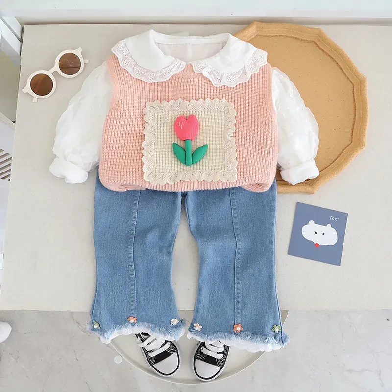 2024 Spring Autumn Toddler Girls 3PCS Clothes Set Cotton Lace Bubble Sleeve Shirts Knitted Flower Vest Flared Jeans Suit