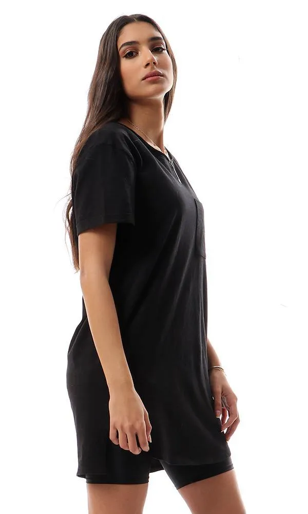 94527 Short Sleeves With Front Pocket Black Long Tee