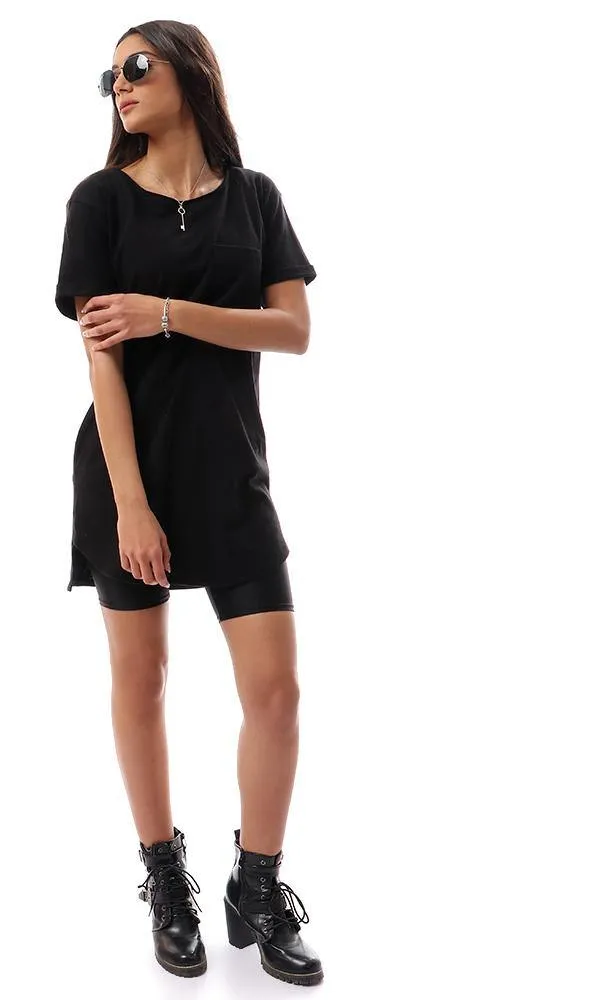 94527 Short Sleeves With Front Pocket Black Long Tee