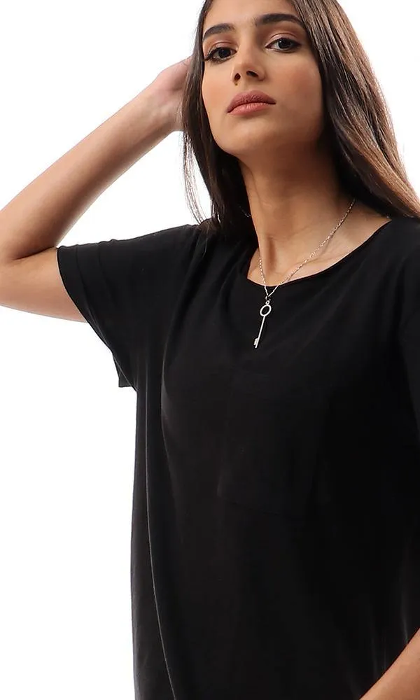 94527 Short Sleeves With Front Pocket Black Long Tee