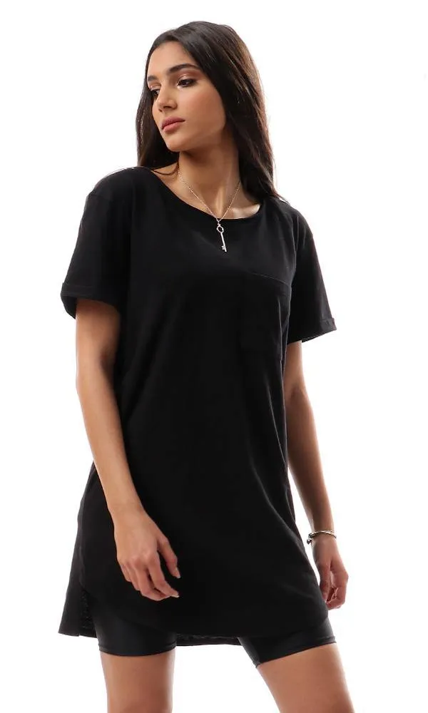 94527 Short Sleeves With Front Pocket Black Long Tee