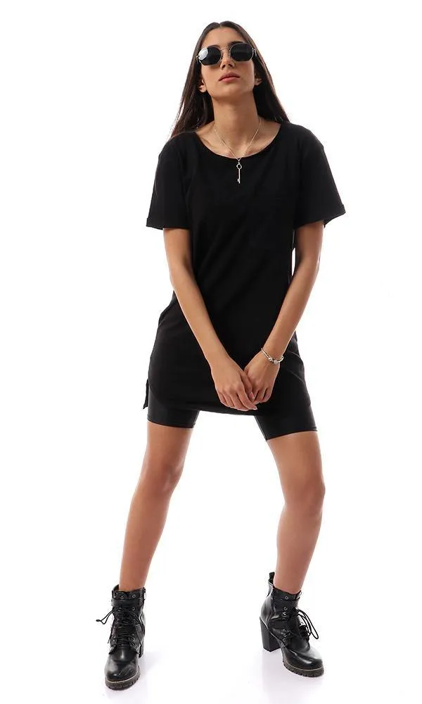 94527 Short Sleeves With Front Pocket Black Long Tee