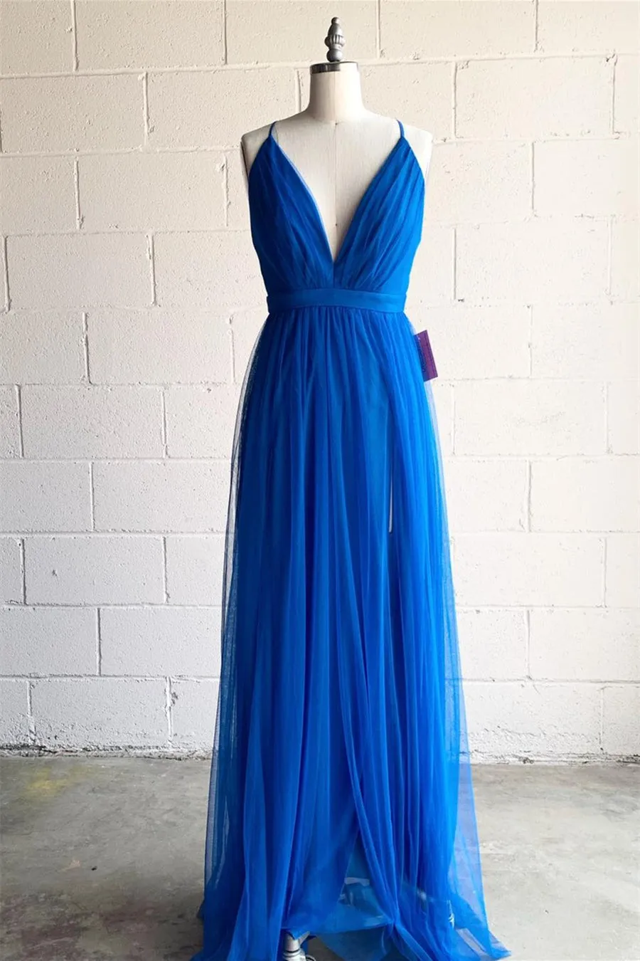 A-line V-Neck Pleated Tulle Long Bridesmaid Dress with Slit