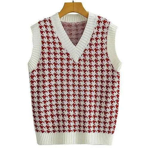 Aachoae Vintage Houndstooth Knitted Sweater Vest