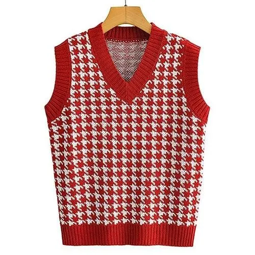 Aachoae Vintage Houndstooth Knitted Sweater Vest