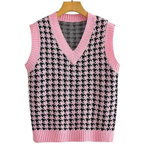 Aachoae Vintage Houndstooth Knitted Sweater Vest