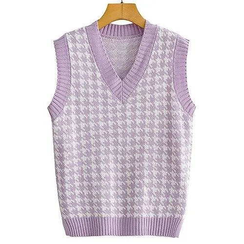 Aachoae Vintage Houndstooth Knitted Sweater Vest