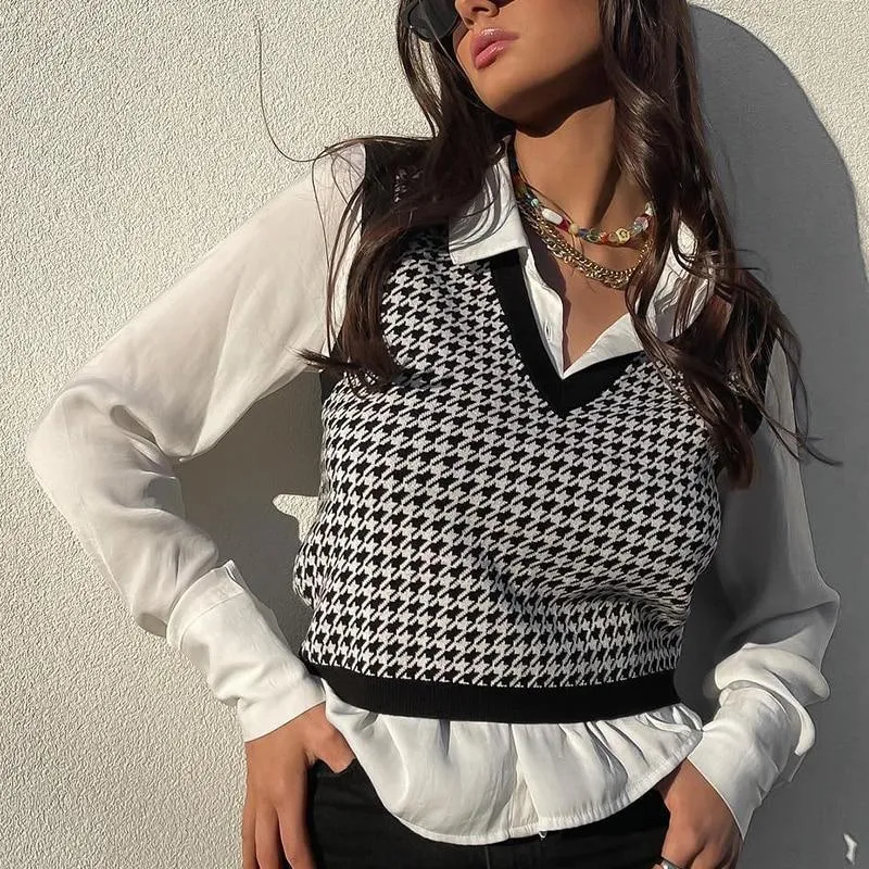 Aachoae Vintage Houndstooth Knitted Sweater Vest