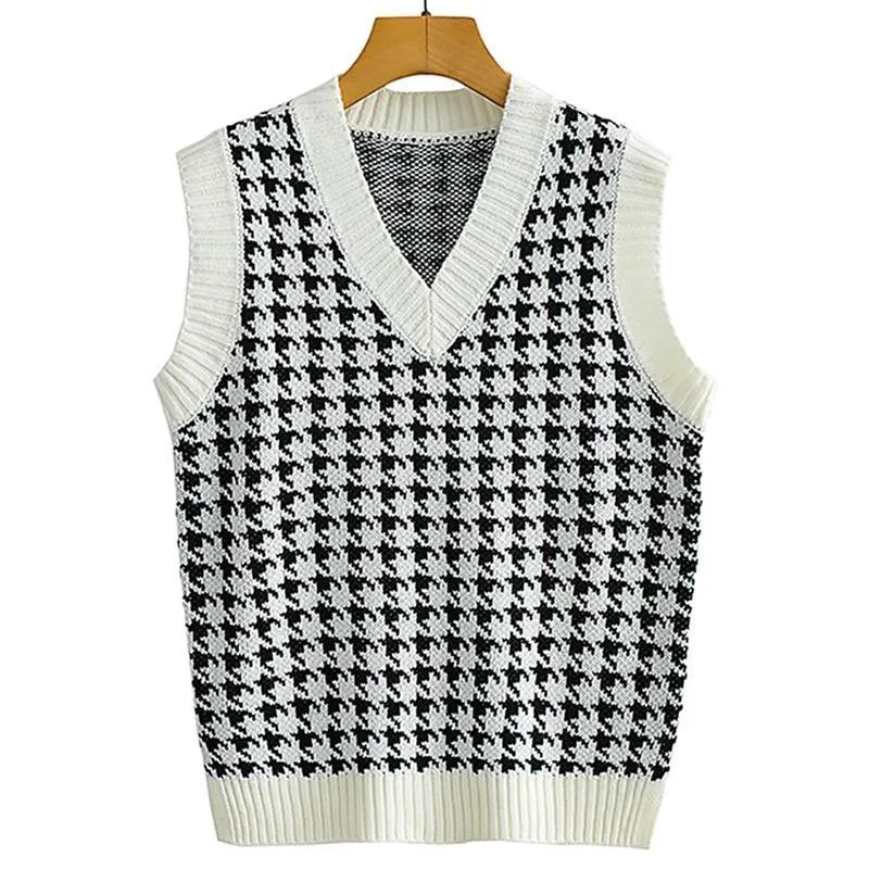 Aachoae Vintage Houndstooth Knitted Sweater Vest