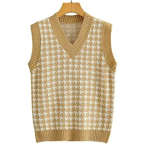 Aachoae Vintage Houndstooth Knitted Sweater Vest