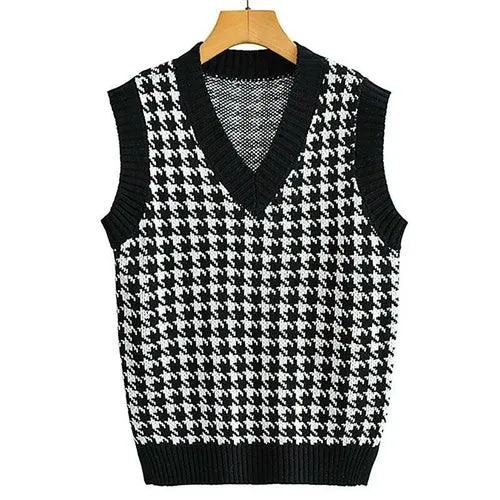 Aachoae Vintage Houndstooth Knitted Sweater Vest