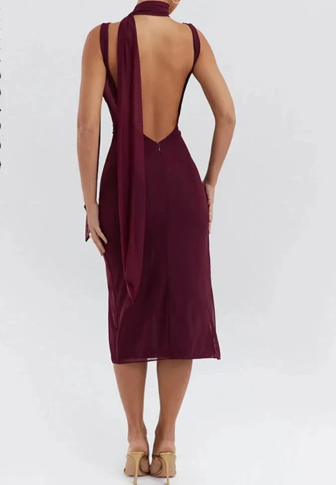 A&A Sleeveless Backless Mesh Tie Neck Slit Midi Dress