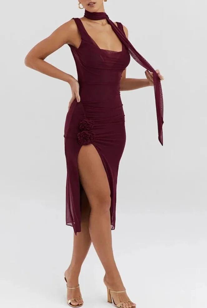 A&A Sleeveless Backless Mesh Tie Neck Slit Midi Dress