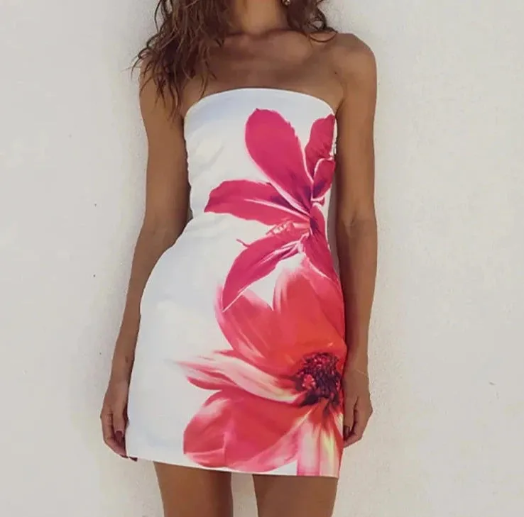 A&A Strapless Printed White Floral Mini Dress