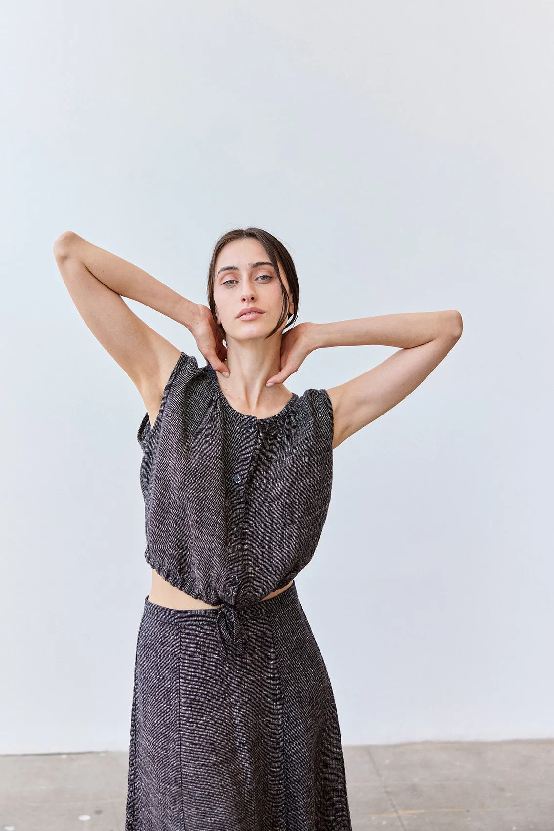 Adjustable Waist Buttoned Linen Top - Ónix Jaspeado