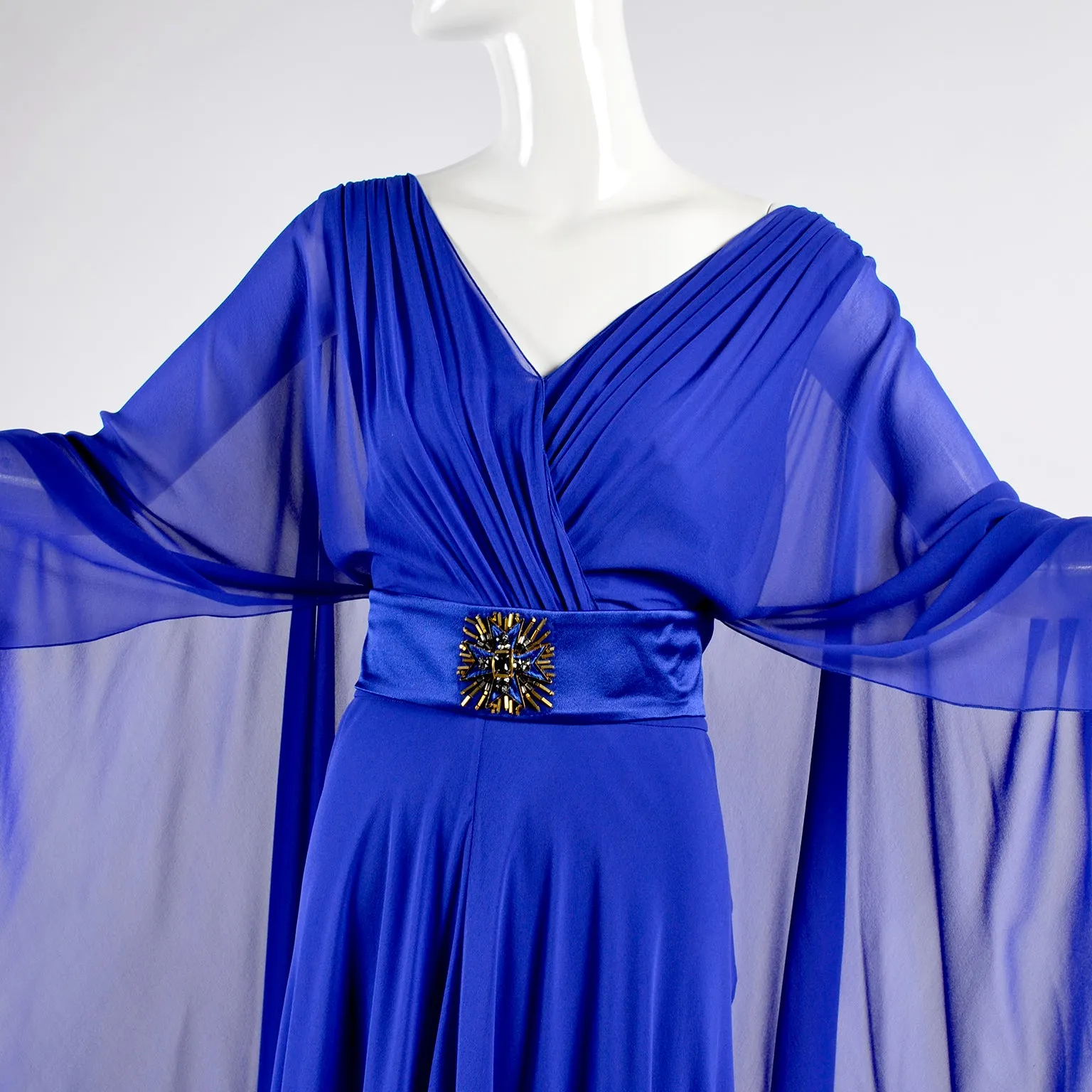 Alberta Ferretti Blue Evening Gown Silk Chiffon w/ Train & Beaded Belt