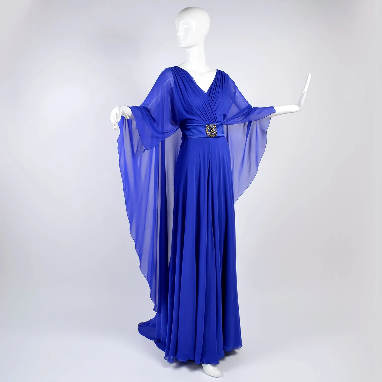 Alberta Ferretti Blue Evening Gown Silk Chiffon w/ Train & Beaded Belt