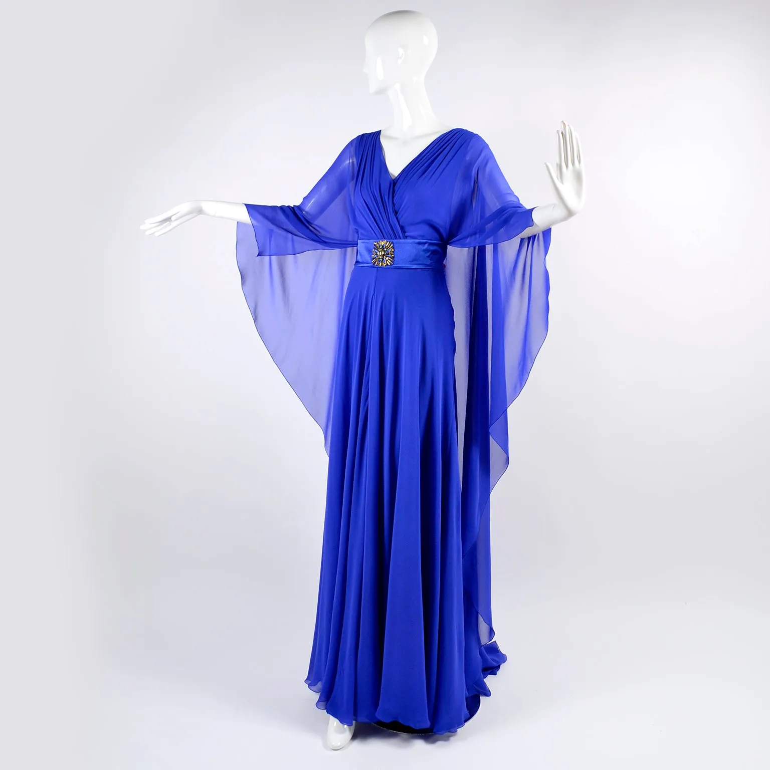 Alberta Ferretti Blue Evening Gown Silk Chiffon w/ Train & Beaded Belt