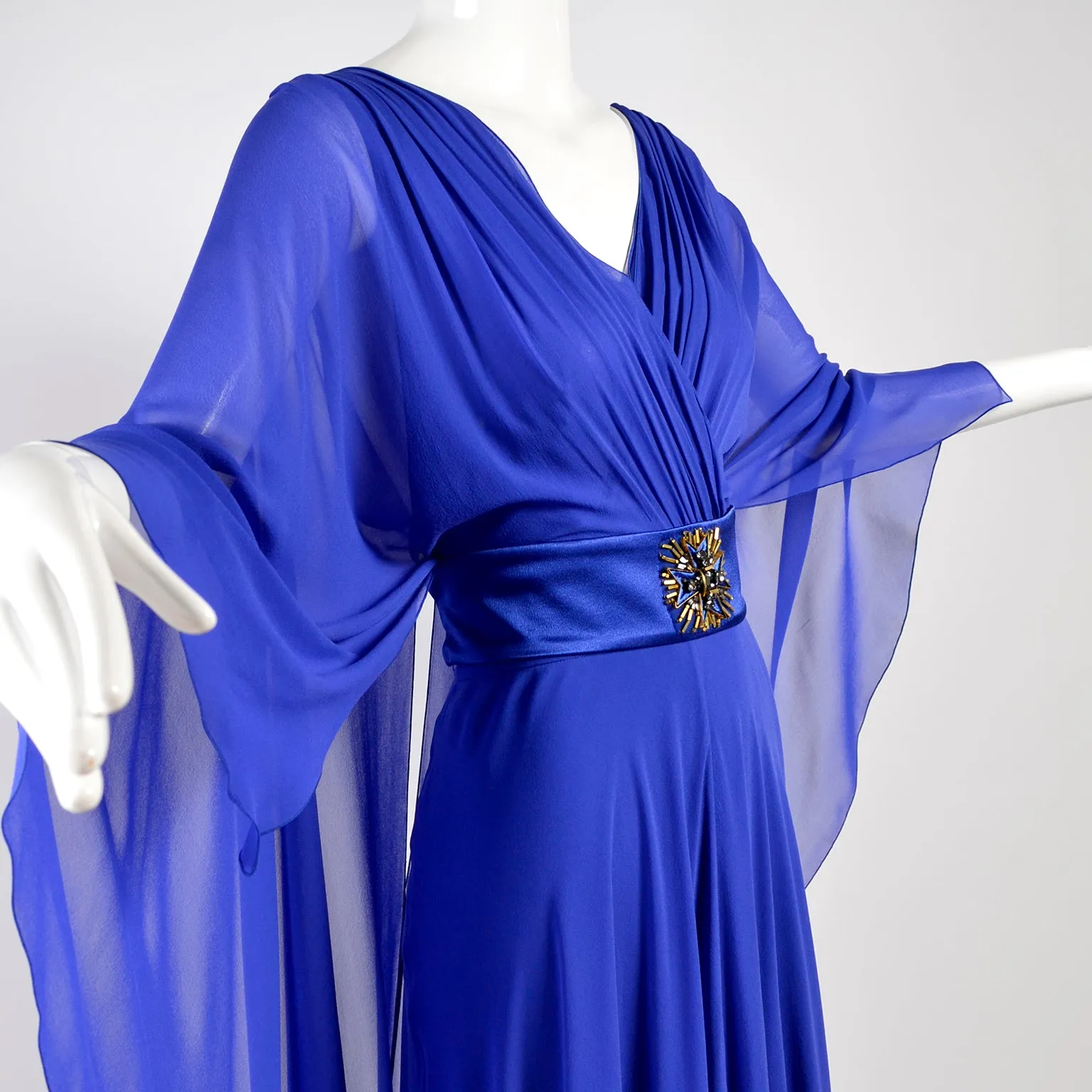 Alberta Ferretti Blue Evening Gown Silk Chiffon w/ Train & Beaded Belt