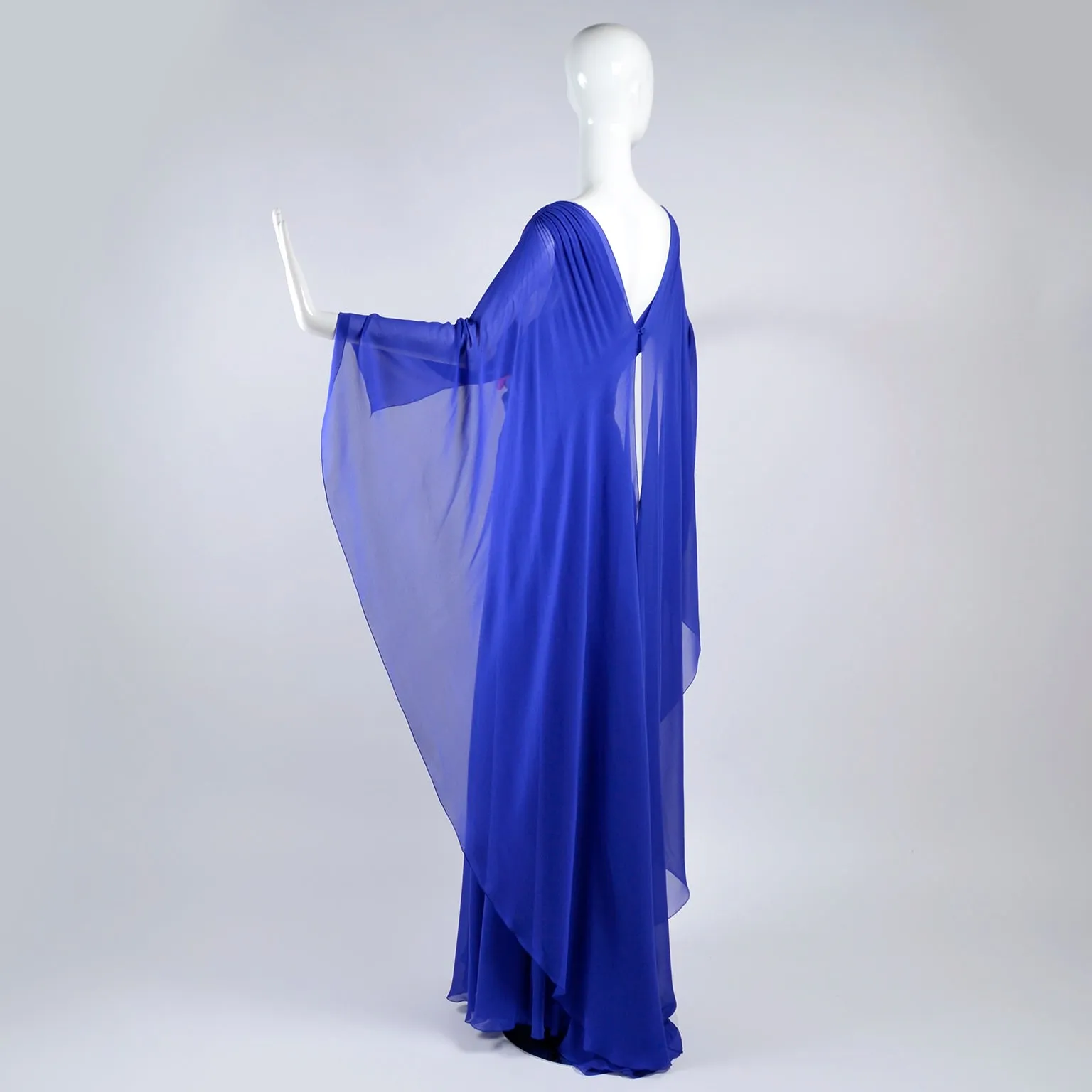 Alberta Ferretti Blue Evening Gown Silk Chiffon w/ Train & Beaded Belt