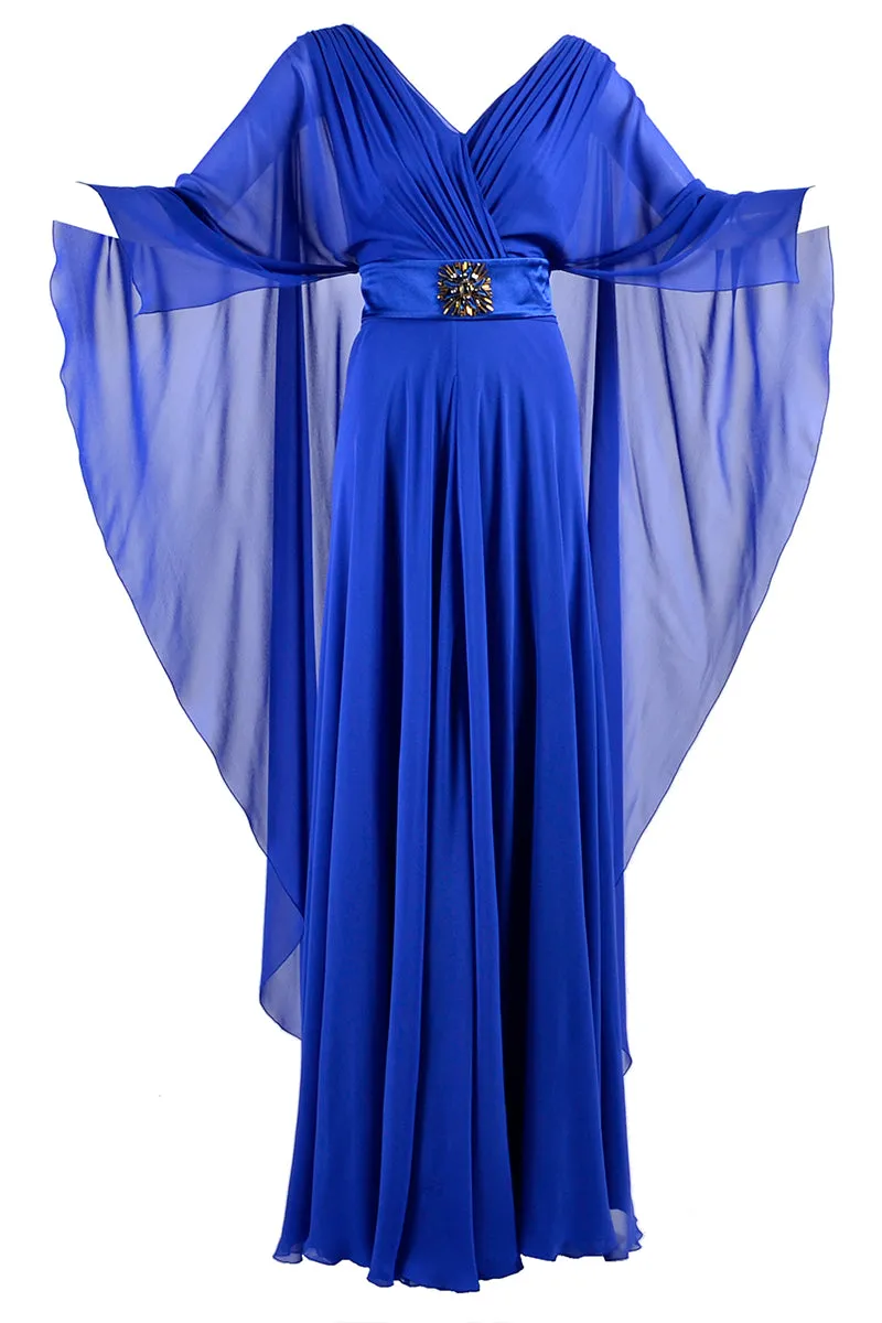 Alberta Ferretti Blue Evening Gown Silk Chiffon w/ Train & Beaded Belt