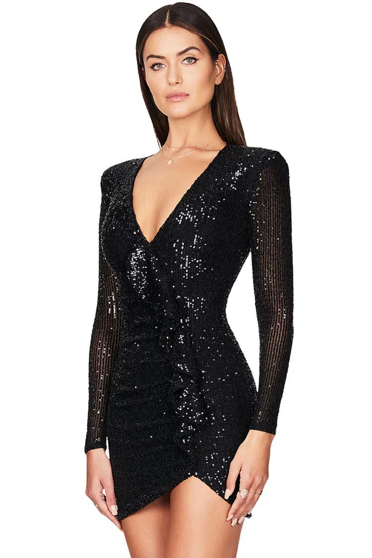 Amozae-hoco dresses -Sparkly Galaxy Long Sleeve Ruffle Deep V Sequin Mini Dress - Black