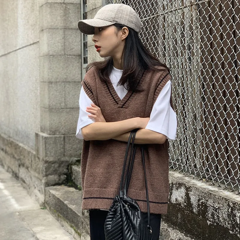 Autumn Simple All Match Vest Women V Neck Black Knitted Sweater Sleeveless Student Tanks Korean Fashion White Waistcoat