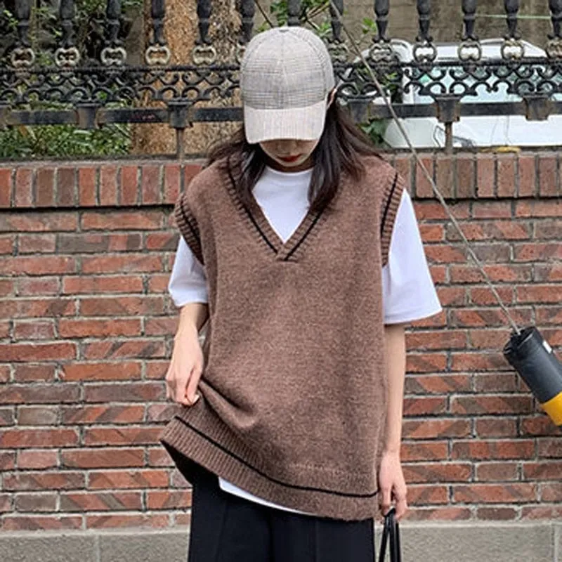 Autumn Simple All Match Vest Women V Neck Black Knitted Sweater Sleeveless Student Tanks Korean Fashion White Waistcoat