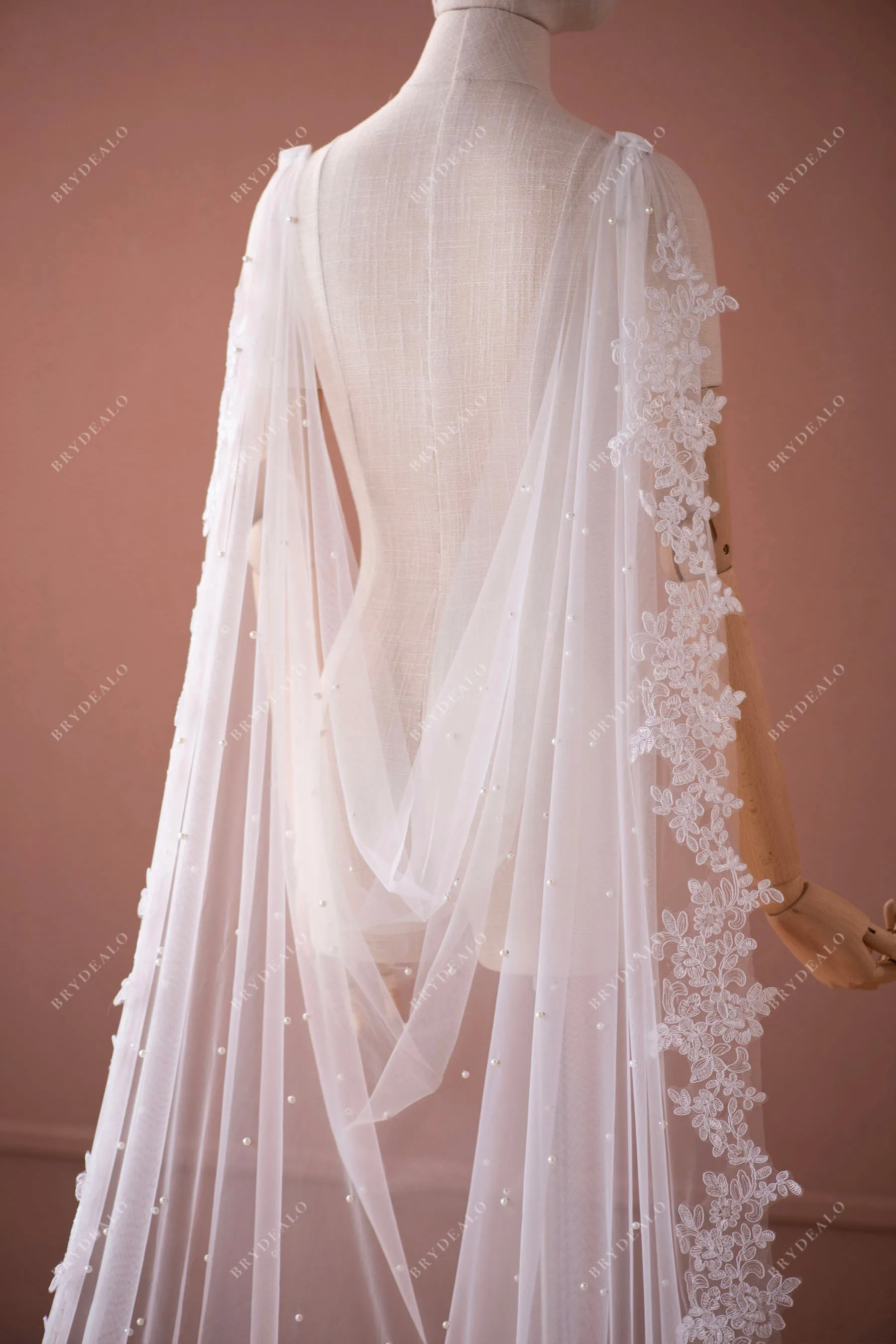 Beautiful Designer Saggy Pearl Lace Bridal Cape Like Shoulder Veil