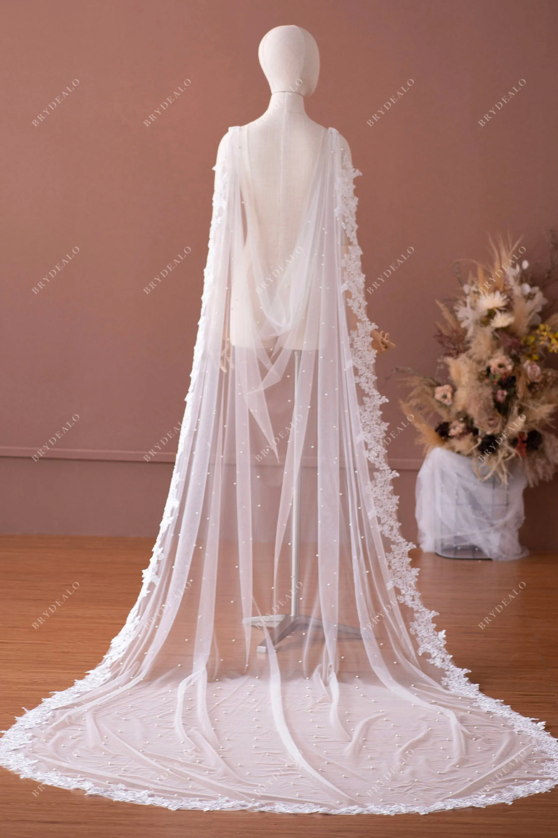 Beautiful Designer Saggy Pearl Lace Bridal Cape Like Shoulder Veil