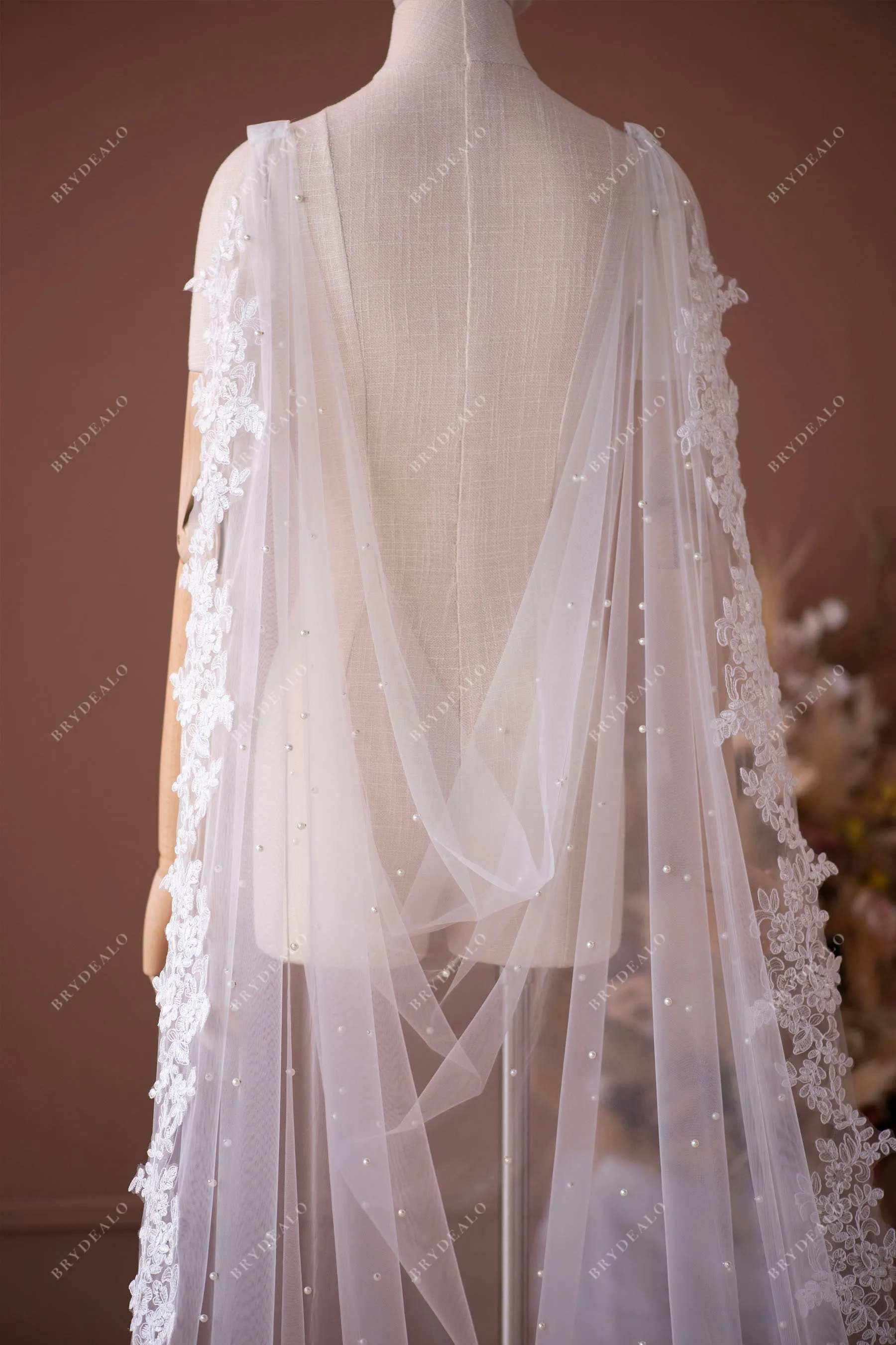 Beautiful Designer Saggy Pearl Lace Bridal Cape Like Shoulder Veil