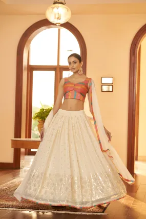 Beige Embellished Mukaish Work Georgette Semi Stitched Lehenga