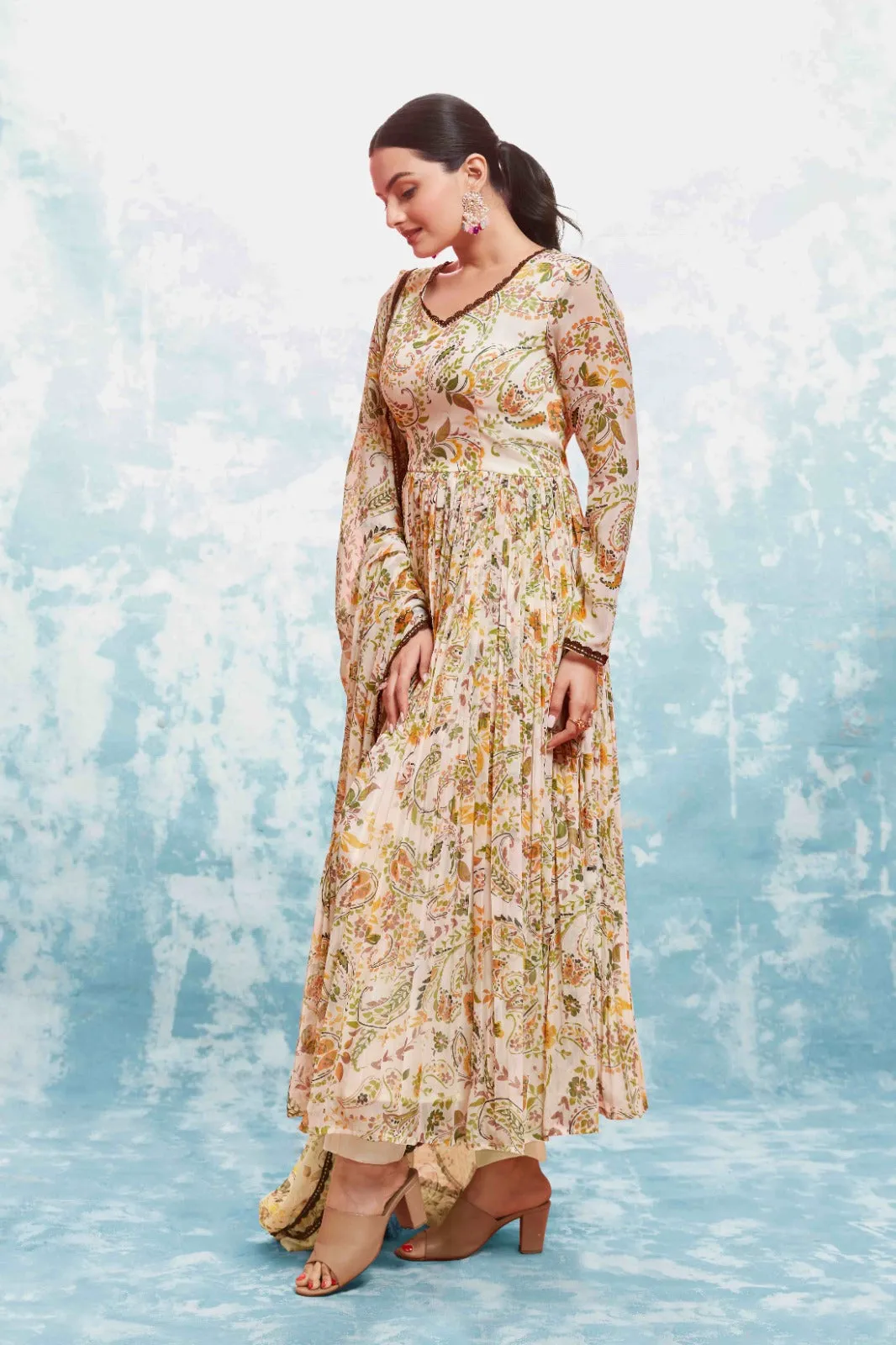 Beige Georgette Printed Suit Set | Fully Stitched & Ready to Wear