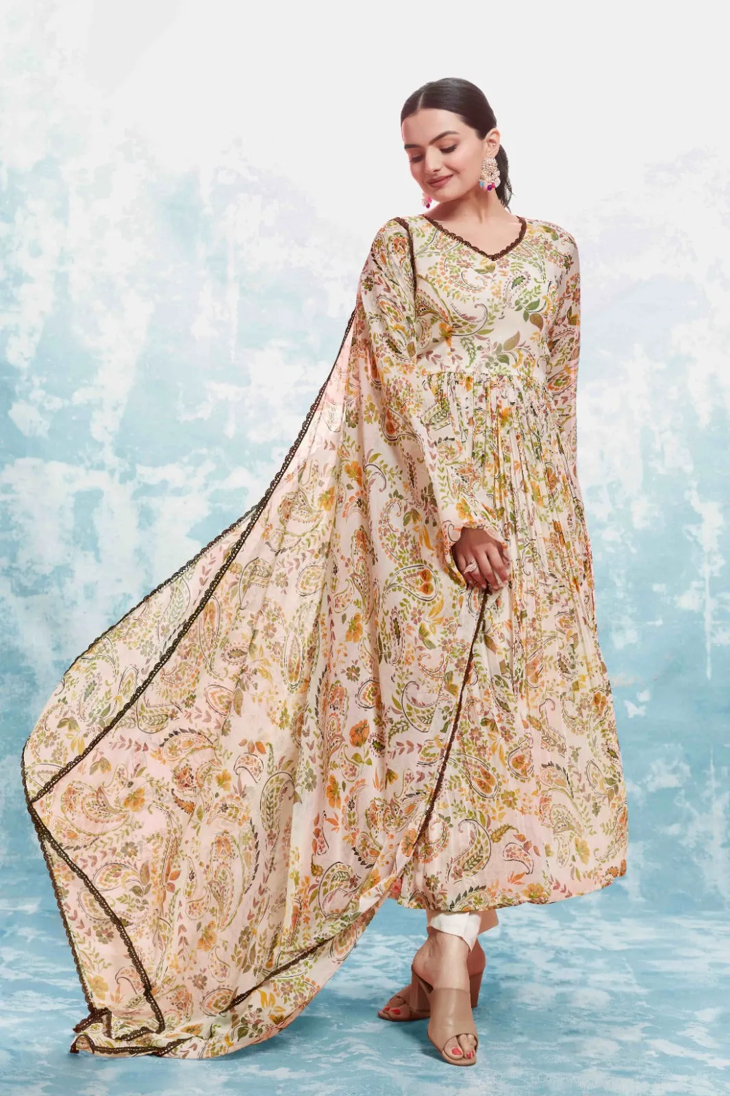 Beige Georgette Printed Suit Set | Fully Stitched & Ready to Wear