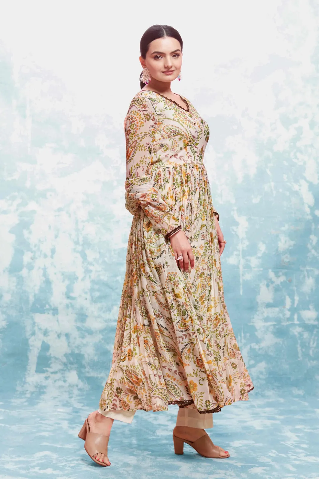 Beige Georgette Printed Suit Set | Fully Stitched & Ready to Wear