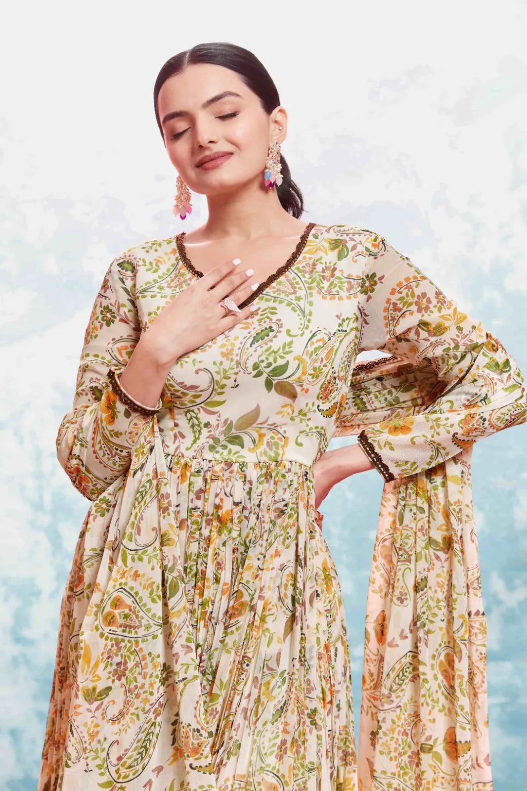 Beige Georgette Printed Suit Set | Fully Stitched & Ready to Wear