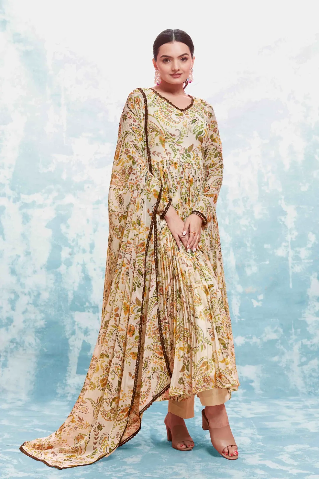 Beige Georgette Printed Suit Set | Fully Stitched & Ready to Wear