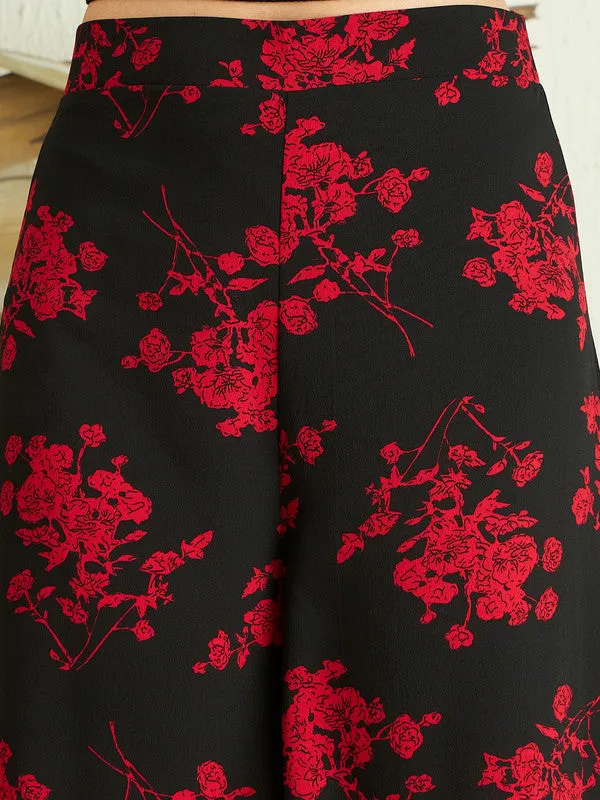 Berrylush Women Black & Red Floral Printed High-Rise Waist Slip-On Wide-Leg Regular Culottes Trousers