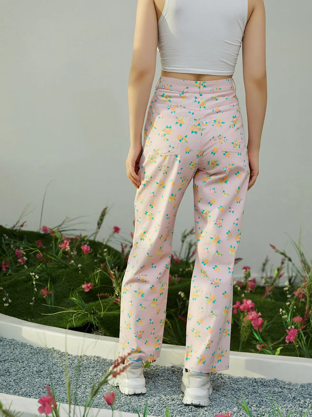 Berrylush Women Pink & Yellow Floral Printed High-Waist Waist Wide Leg Four-Pocket Cotton Regular Pants