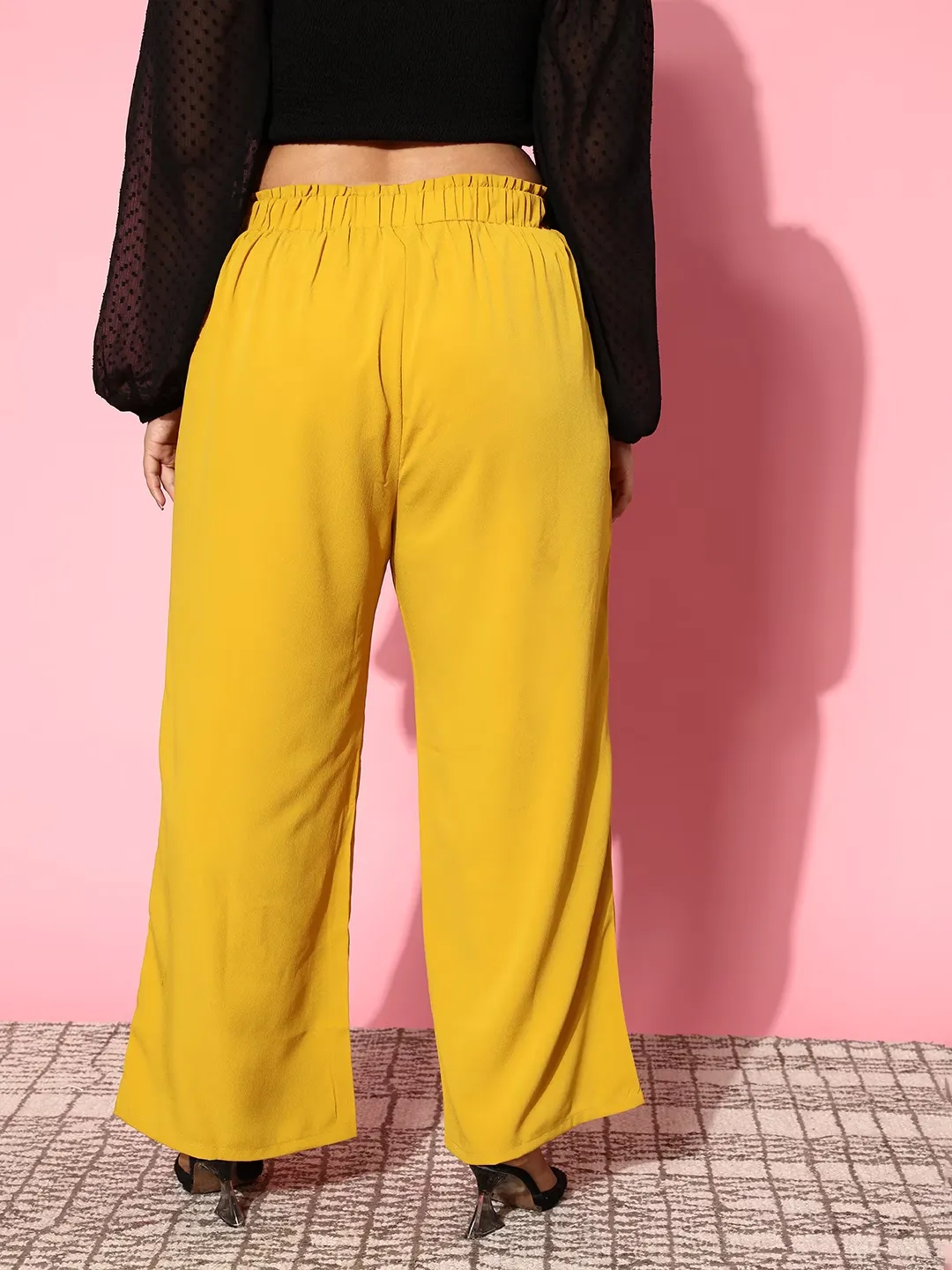 Berrylush Women Plus Size Solid Yellow High-Rise Paperbag Waist Wide-Leg Slip-On Flared Culotte Pants