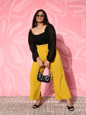 Berrylush Women Plus Size Solid Yellow High-Rise Paperbag Waist Wide-Leg Slip-On Flared Culotte Pants