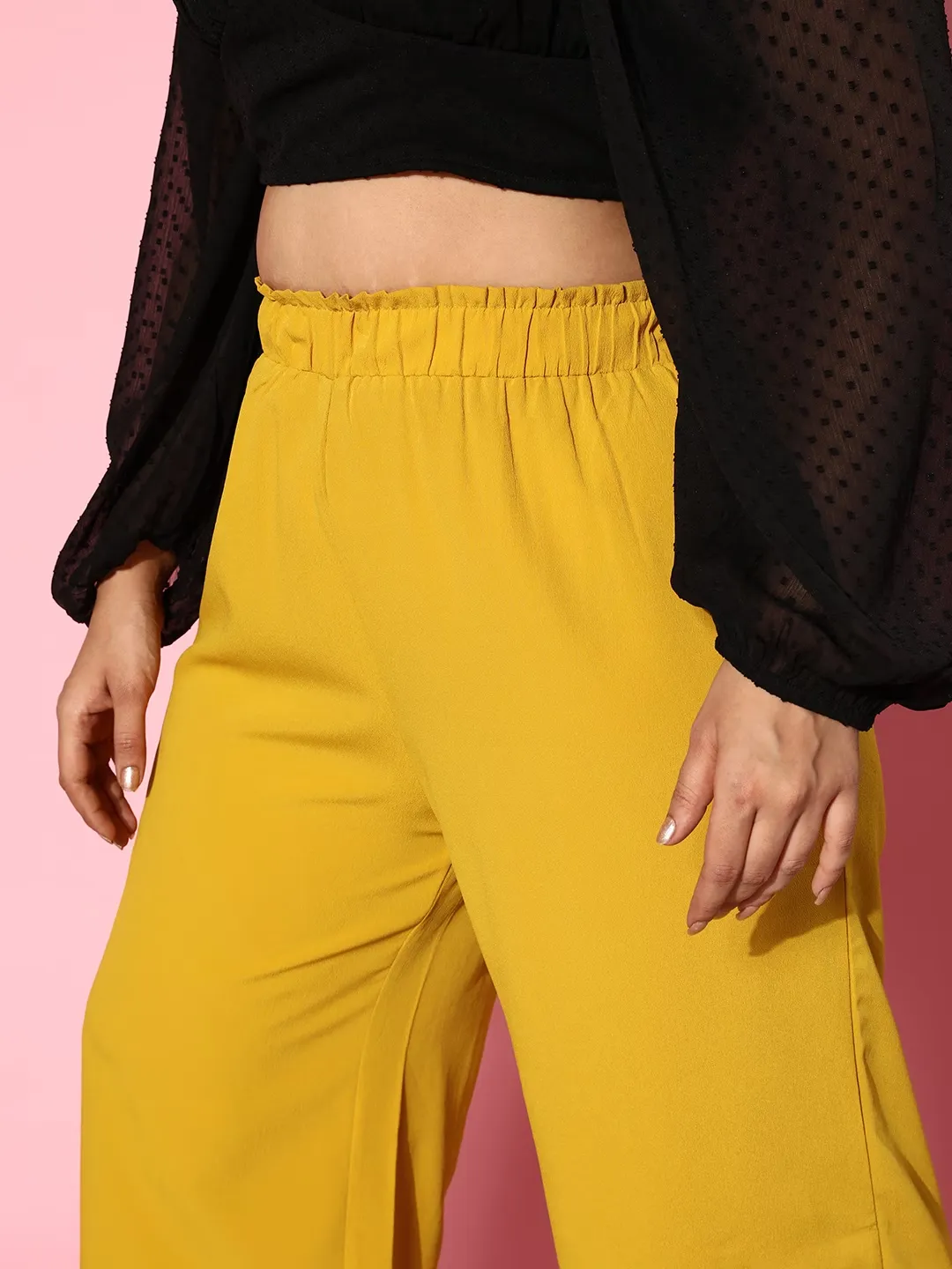 Berrylush Women Plus Size Solid Yellow High-Rise Paperbag Waist Wide-Leg Slip-On Flared Culotte Pants