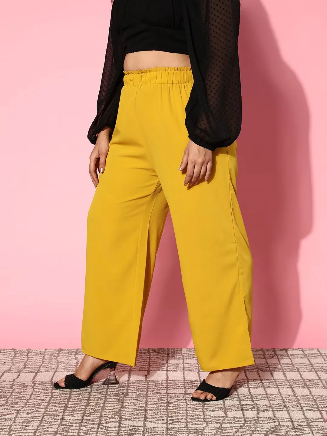 Berrylush Women Plus Size Solid Yellow High-Rise Paperbag Waist Wide-Leg Slip-On Flared Culotte Pants