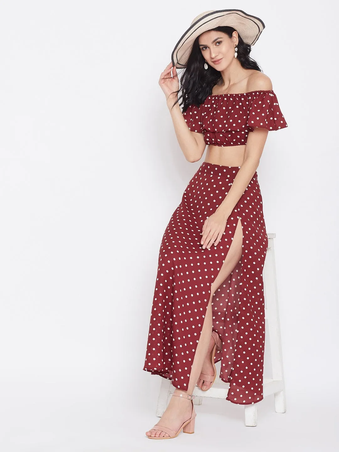 Berrylush Women Red Polka Dot Printed Off-Shoulder Co-Ord Maxi Dress