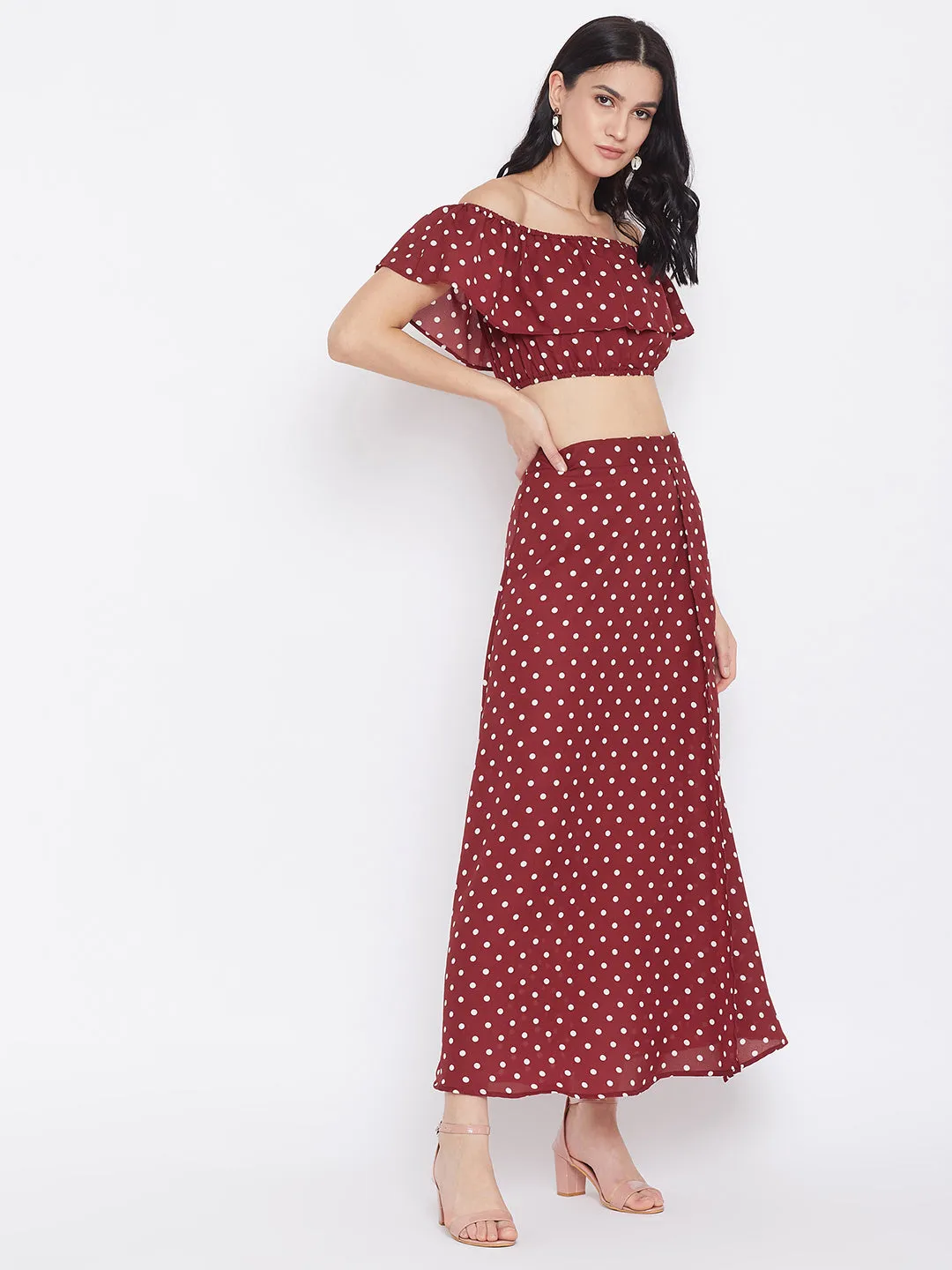 Berrylush Women Red Polka Dot Printed Off-Shoulder Co-Ord Maxi Dress