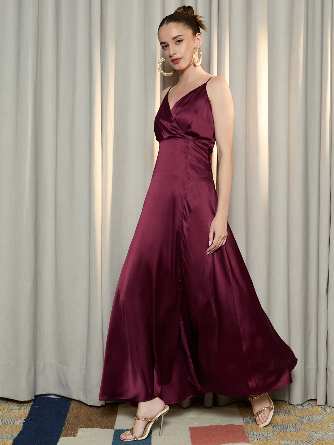 Berrylush Women Solid Maroon V-Neck Sleeveless Satin Straight Hem Thigh-High Slit A-Line Maxi Dress